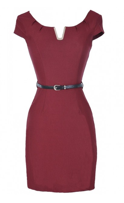 V for Victory Belted Pencil Dress in Burgundy